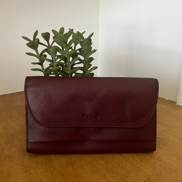 Rolfs Handbags - Rolfs Burgundy Genuine Leather Trifold Checkbook Wallet Kiss Lock Coin Pocket